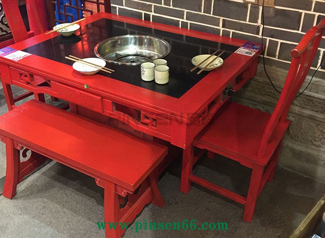 火鍋桌椅 新中式紅色方形實木火鍋桌定制火燒石桌面電磁爐火鍋桌